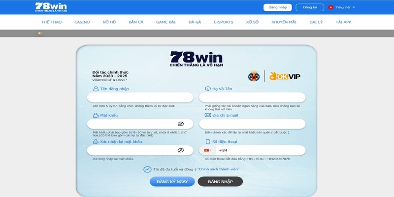 Các thao tác đăng ký mới tài khoản nhà cái 78win